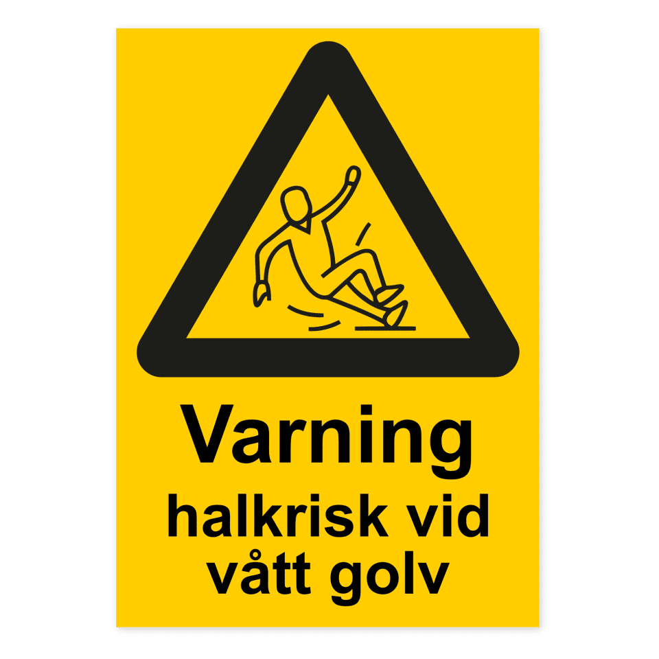Varning för halkrisk vid vått golv-skylten har storleken 210x297mm och tillverkas i materialet Dekal. Denna standardskylt kan anpassas så att du kan skapa din egen version av skylten.