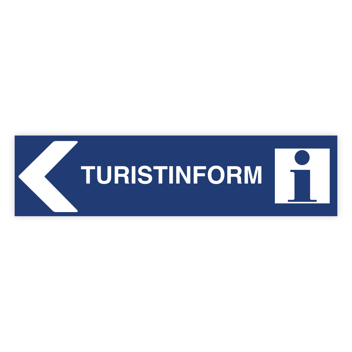 Turistinformation pil vänster-skylten har storleken 1000x250mm och tillverkas i materialet Aluminium 2mm. Denna standardskylt kan anpassas så att du kan skapa din egen version av skylten.