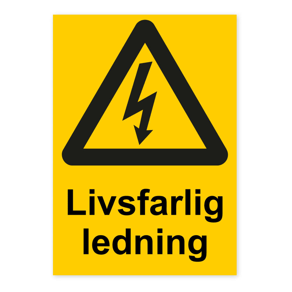 Livsfarlig ledning-skylten har storleken 148x210mm och tillverkas i materialet Dekal. Denna standardskylt kan anpassas så att du kan skapa din egen version av skylten.