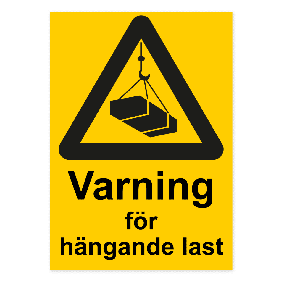 Varning för hängande last-skylten har storleken 210x297mm och tillverkas i materialet Dekal. Denna standardskylt kan anpassas så att du kan skapa din egen version av skylten.